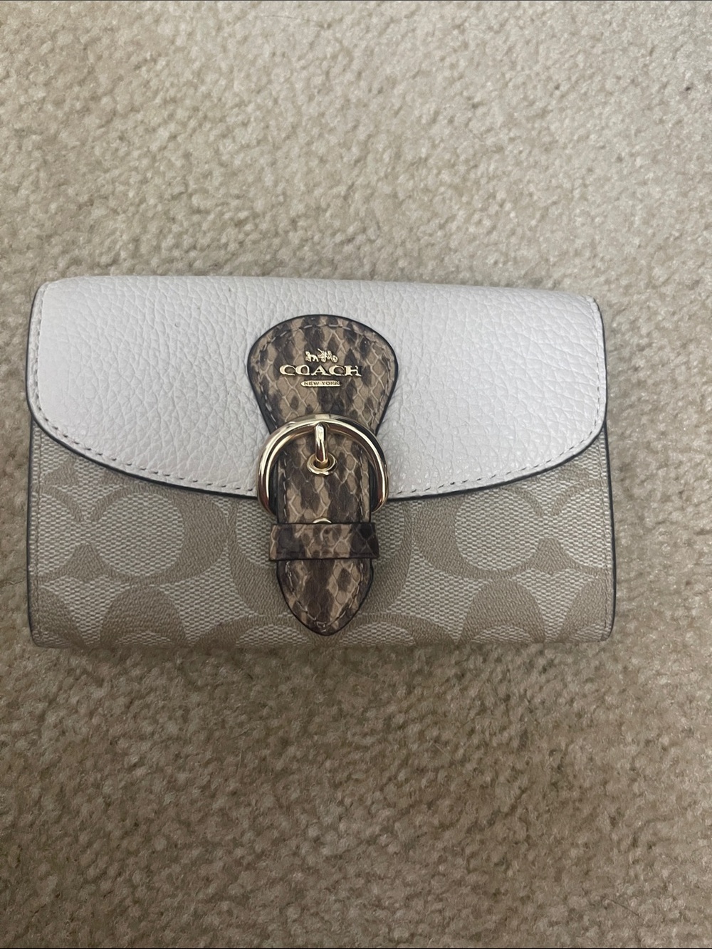 Coach Signature Canvas and Leather Small Wallet - White/Taupe with Snake-Accent